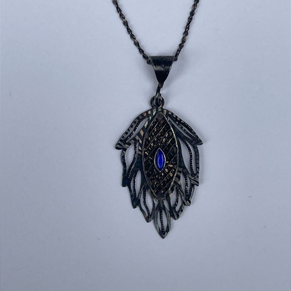 925 Sterling Silver Necklace & Pendant Italy chain vintage blue stone - Picture 11 of 16